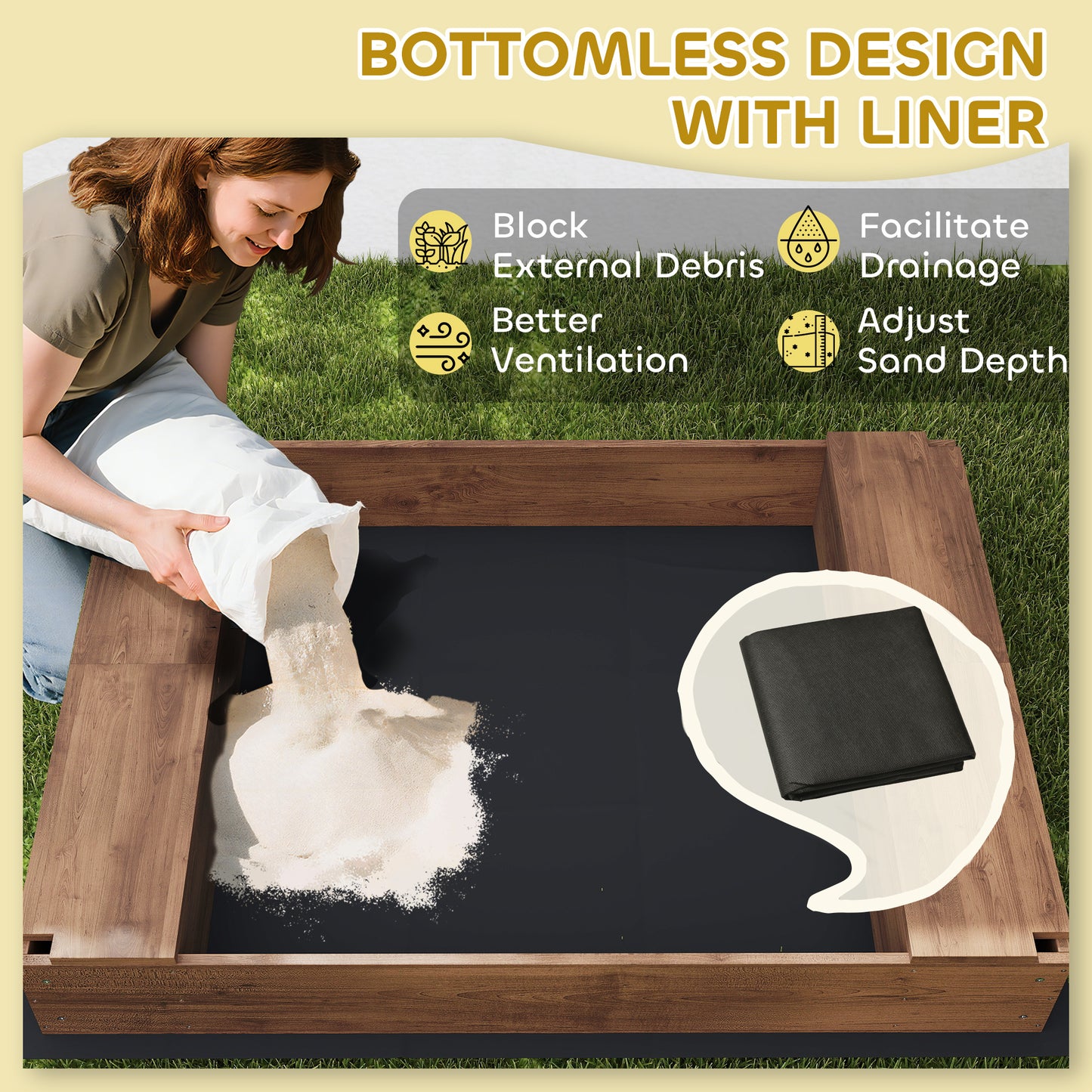 Kids Wooden Sandbox With Canopy Fully Covered, 2 Bench Seats, Bottom Liner, 56 X 40 X 52, Brown