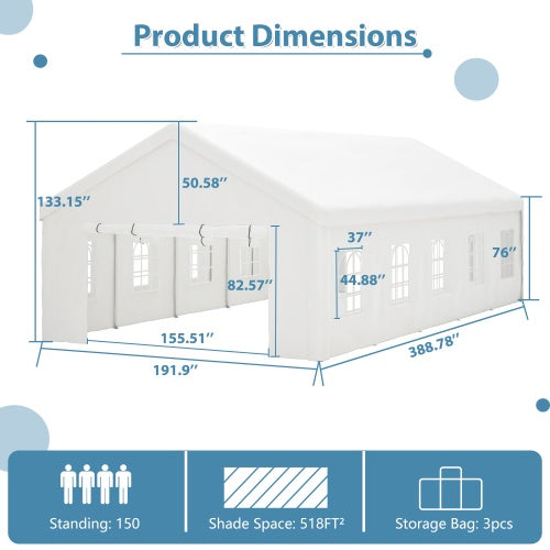 16x32FT Heavy Duty Outdoor Party Tent with 3 Storage Bags & Removable Sidewalls