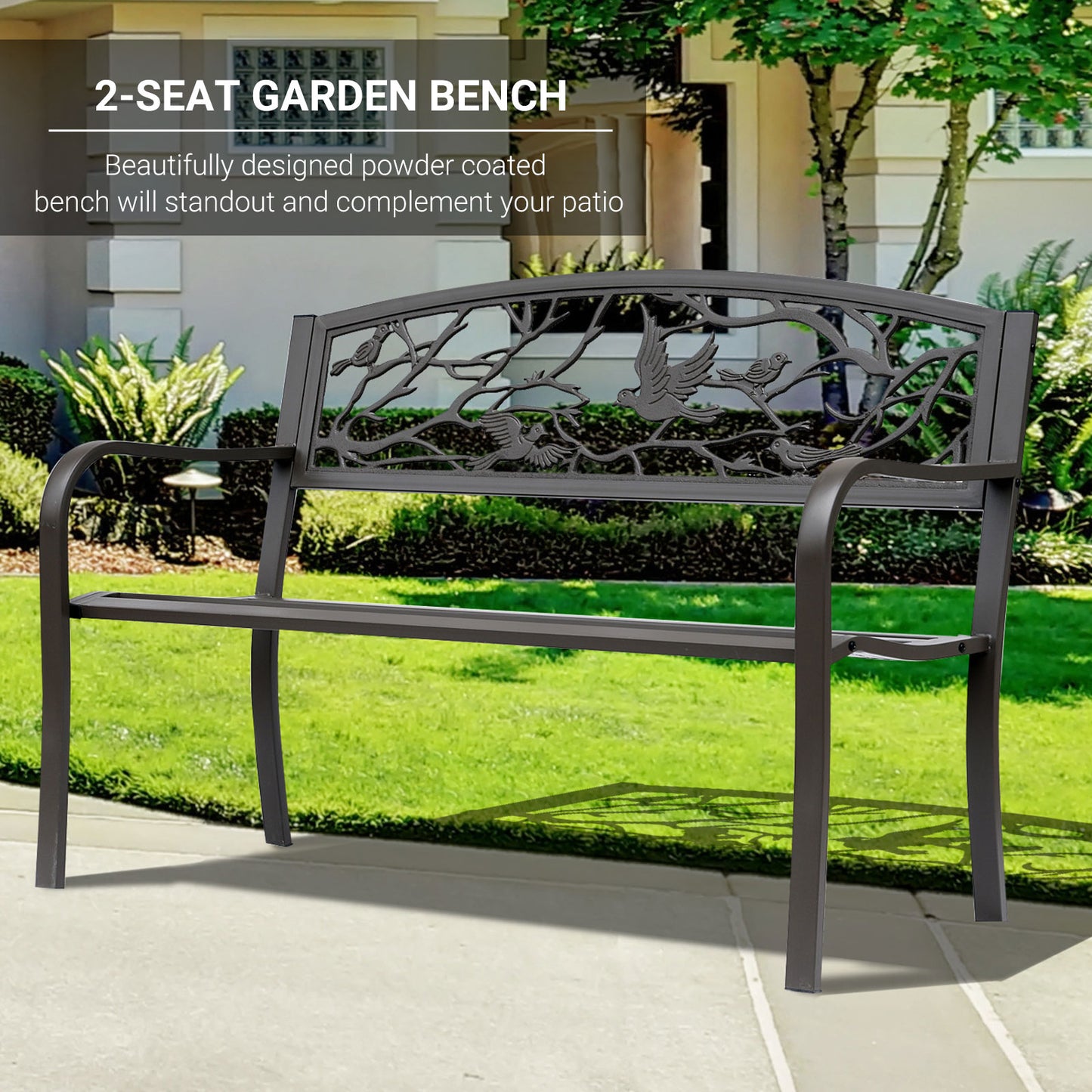 Brown Metal Garden Bench 50" Patio Seating with Backrest & Armrests