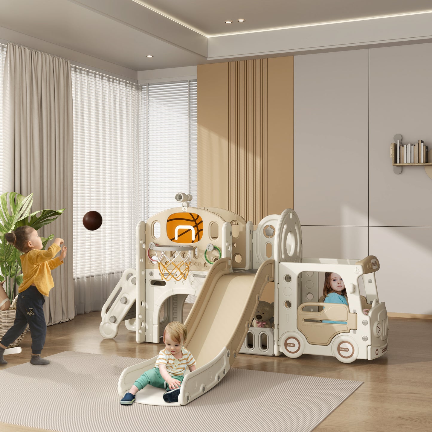 9 In 1 Toddler Slide with Bus Front, Basketball Hoop, Climber, Storage Space, & Ring Toss