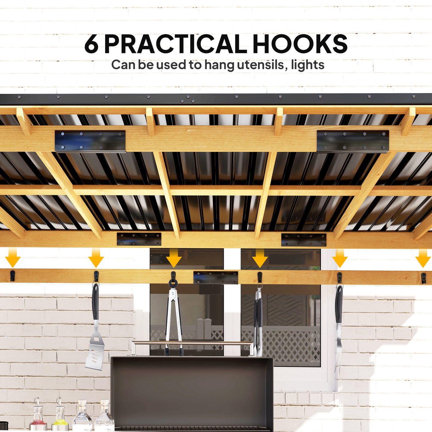 13' x 6' Wooden BBQ Grill Gazebo with Metal Roof, 2 Bar Shelves And 6 Hooks, Natural