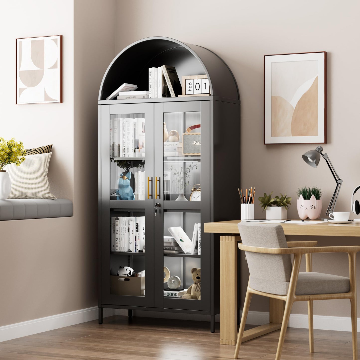 78.74inch Tall Metal Arched Cabinet with Lock and LED Light Strip
