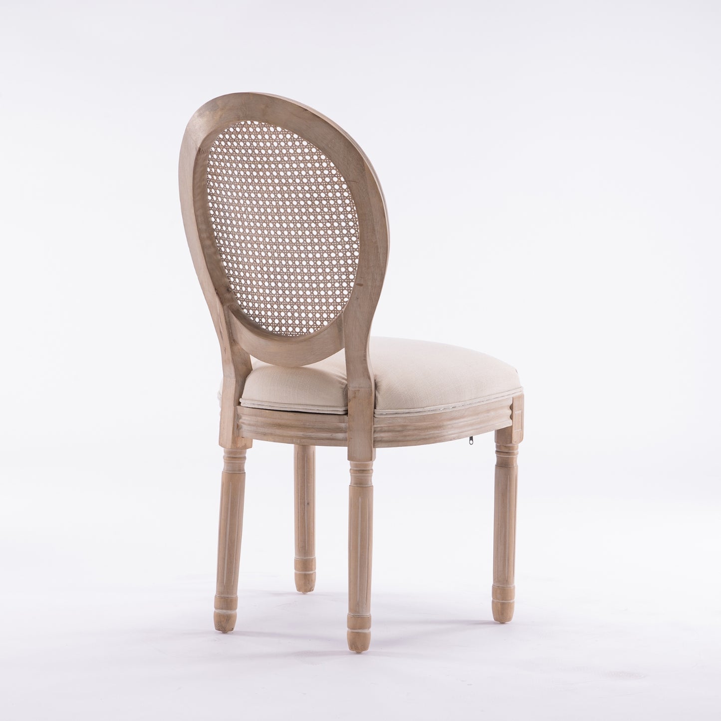 Set Of 2 French Style Solid Wood Antique Linen & Rattan Dining Chair, Cream