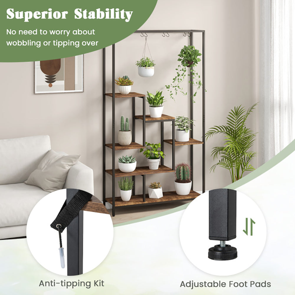 6-Tier Tall Plant Stand 71 Inch, Metal Indoor Plant Shelf With 10 Hanging Hooks