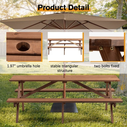 8 Person Brown Wooden Picnic Table