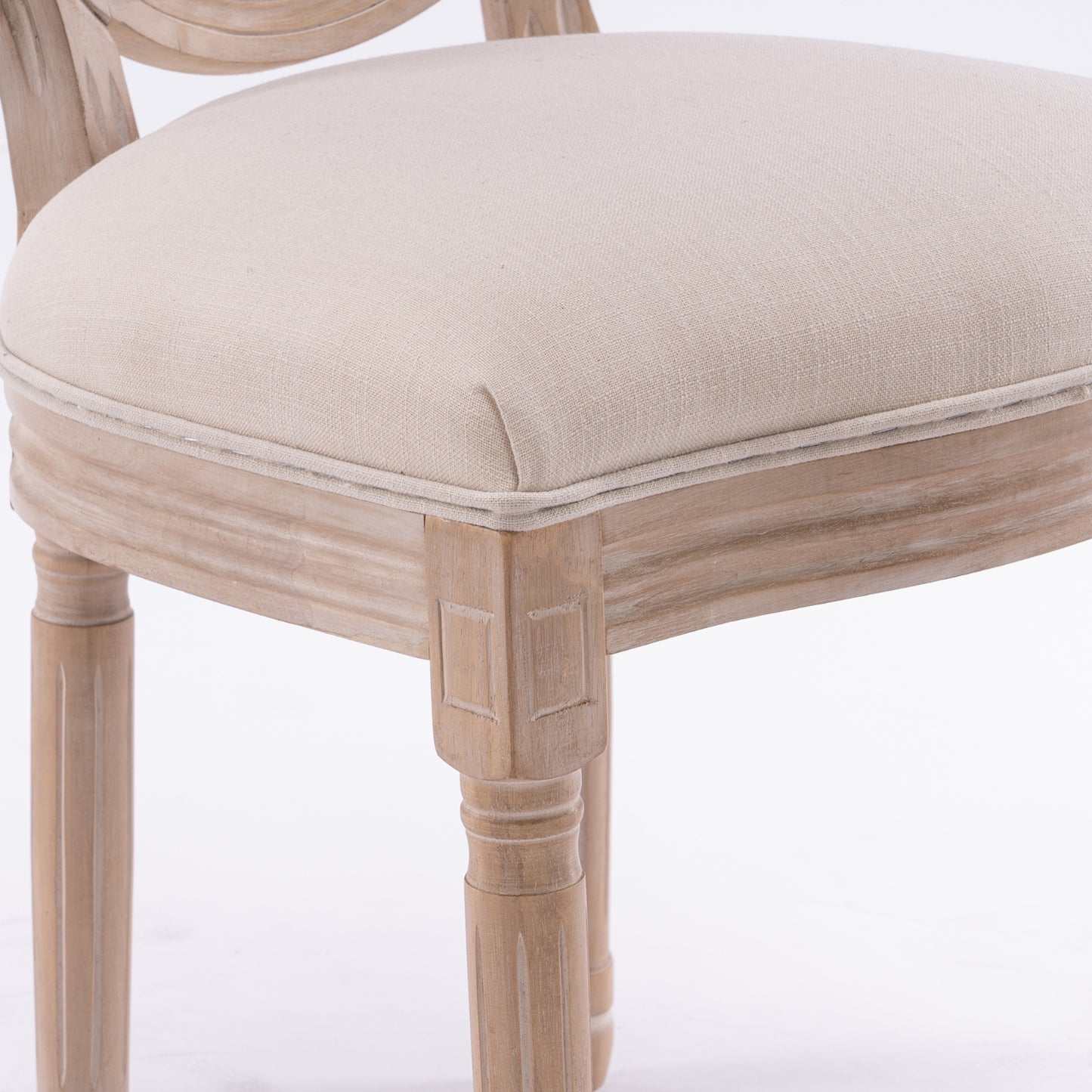 Set Of 2 French Style Solid Wood Antique Linen & Rattan Dining Chair, Cream