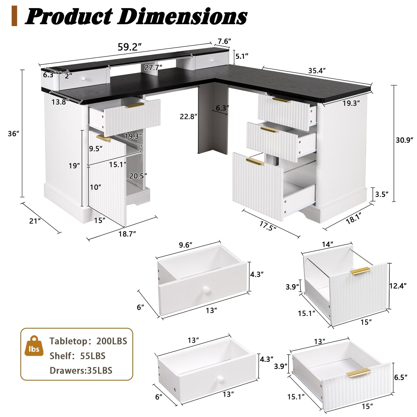 59" Modern Fluted L-Shaped Desk with Charging Station
