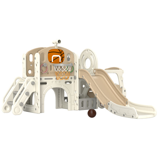 9 In 1 Toddler Slide with Bus Front, Basketball Hoop, Climber, Storage Space, & Ring Toss
