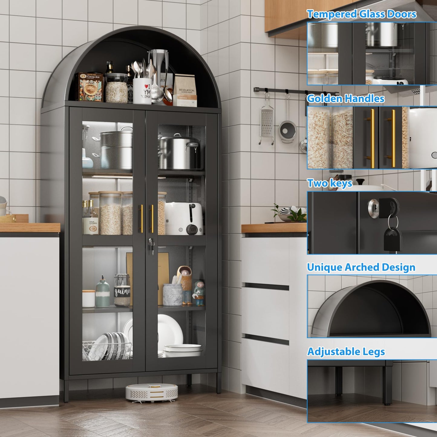 78.74inch Tall Metal Arched Cabinet with Lock and LED Light Strip
