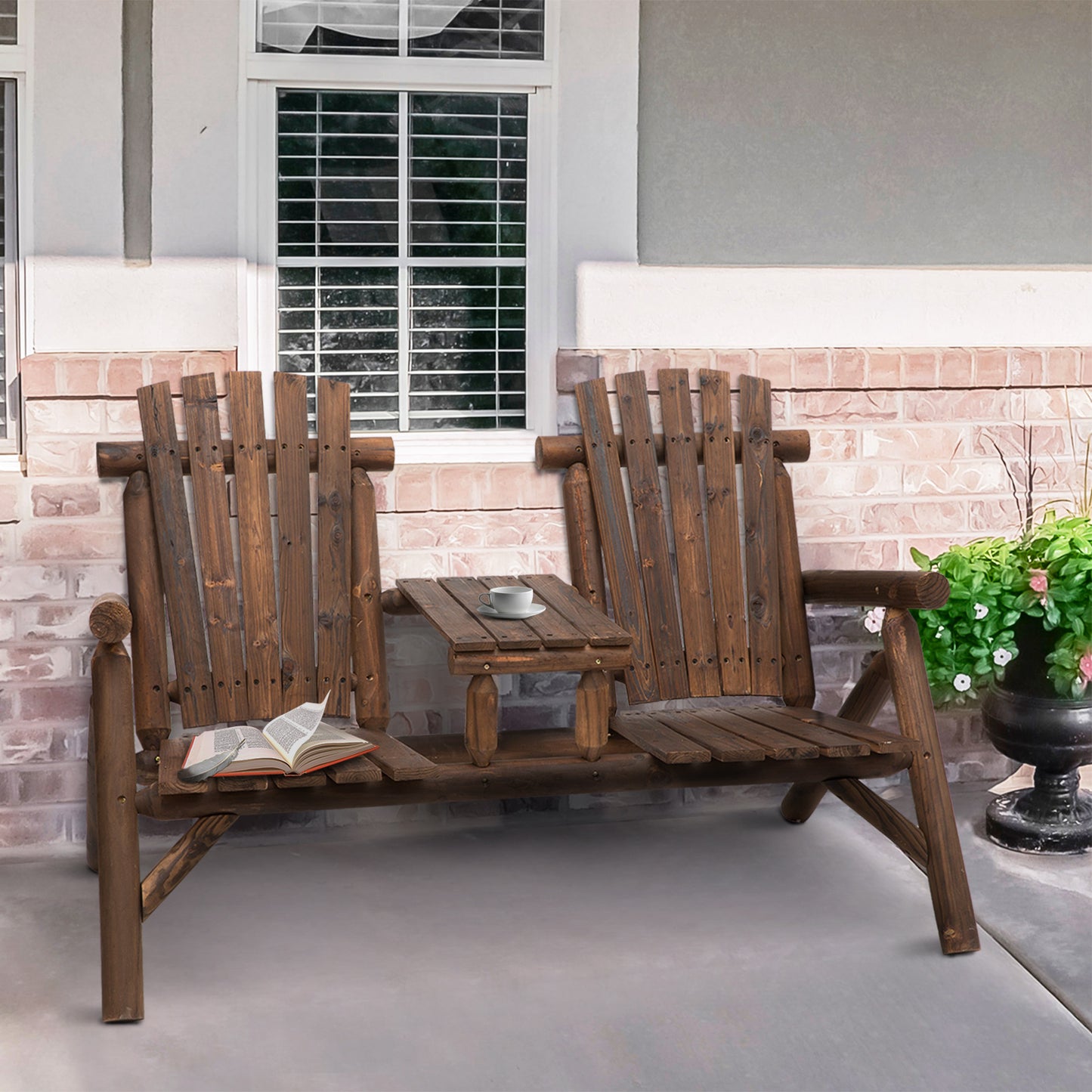 Wood Adirondack Patio Chair Bench with Center Coffee Table
