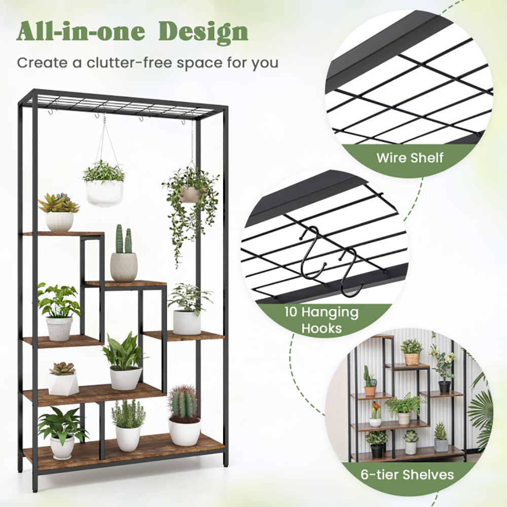 6-Tier Tall Plant Stand 71 Inch, Metal Indoor Plant Shelf With 10 Hanging Hooks