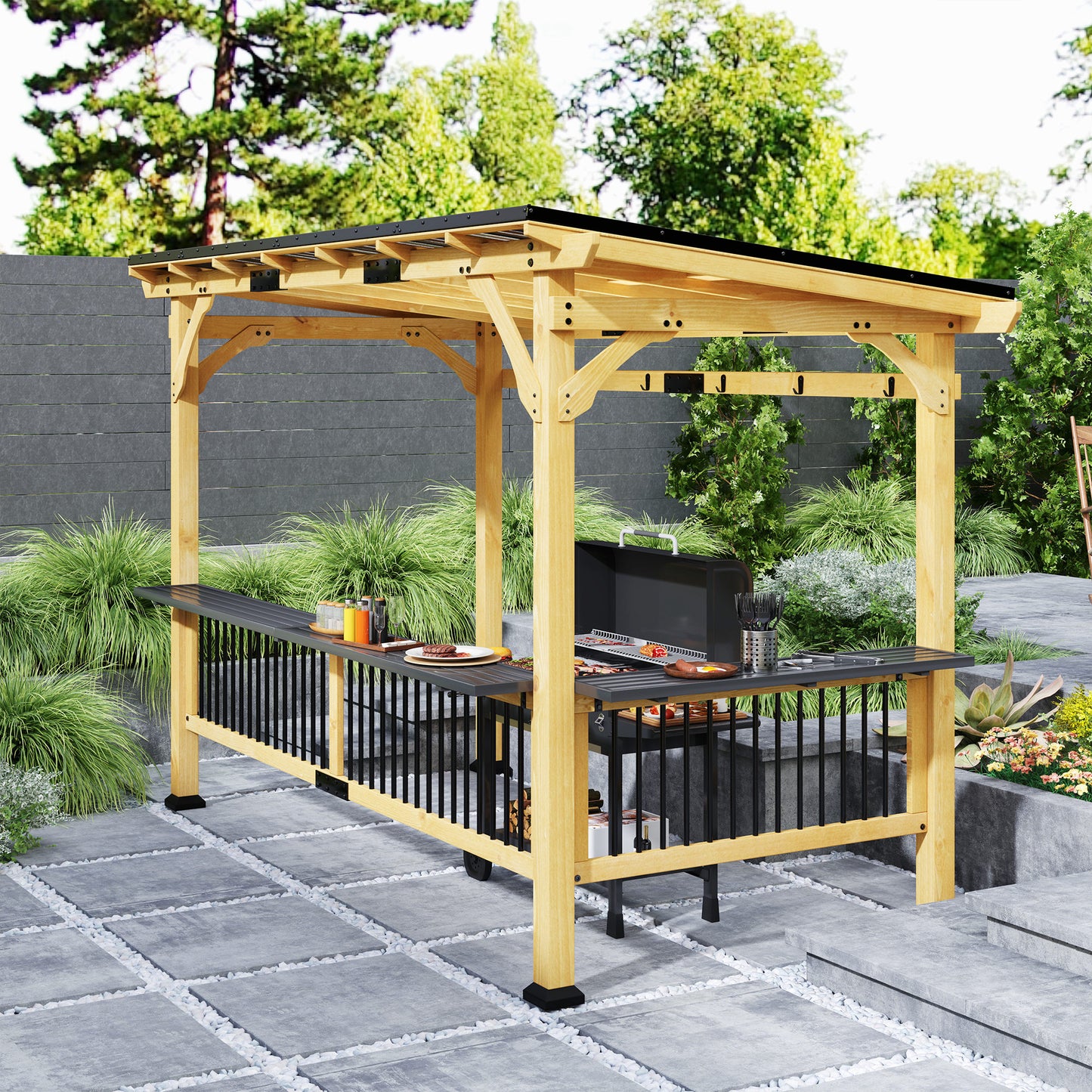 13' x 6' Wooden BBQ Grill Gazebo with Metal Roof, 2 Bar Shelves And 6 Hooks, Natural