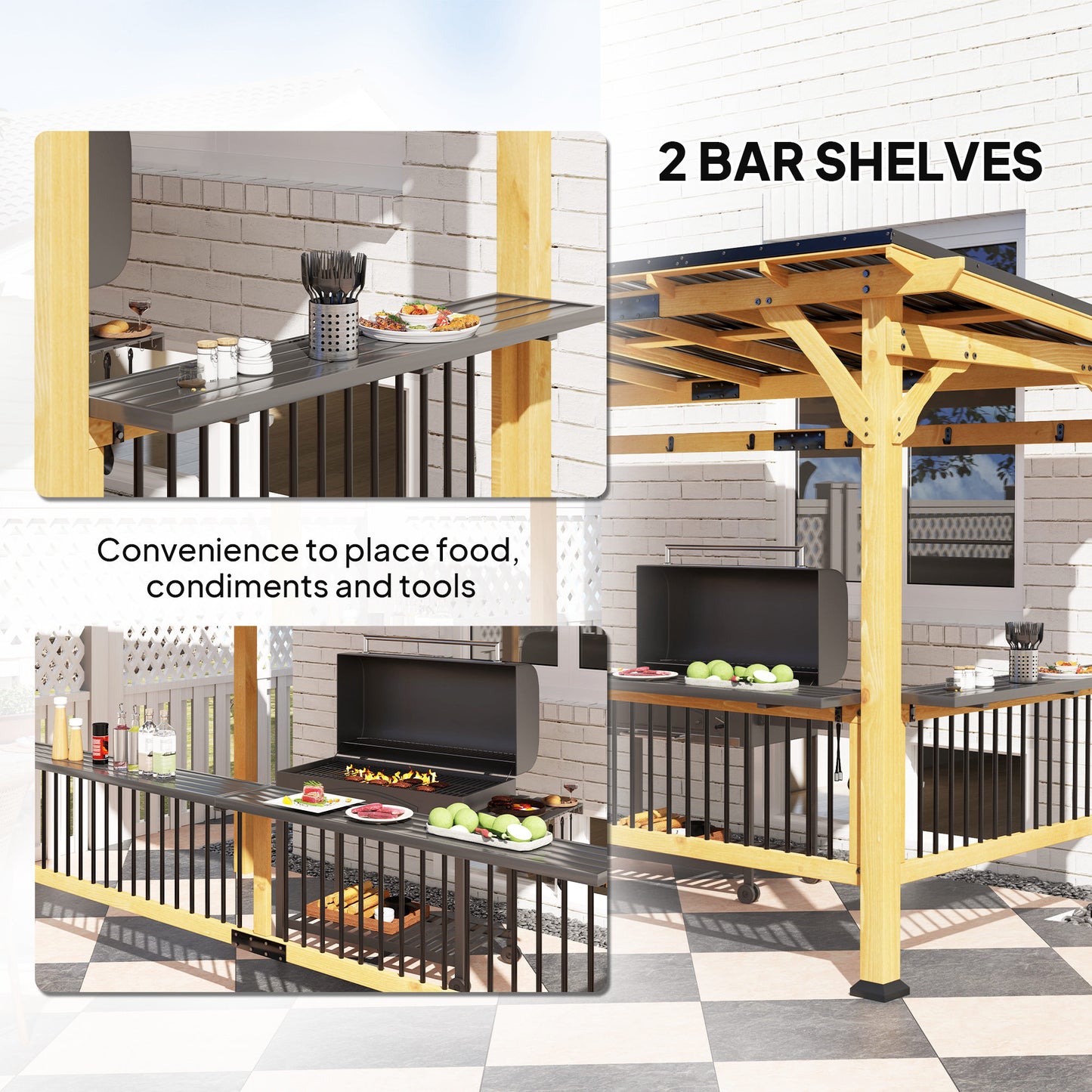 13' x 6' Wooden BBQ Grill Gazebo with Metal Roof, 2 Bar Shelves And 6 Hooks, Natural