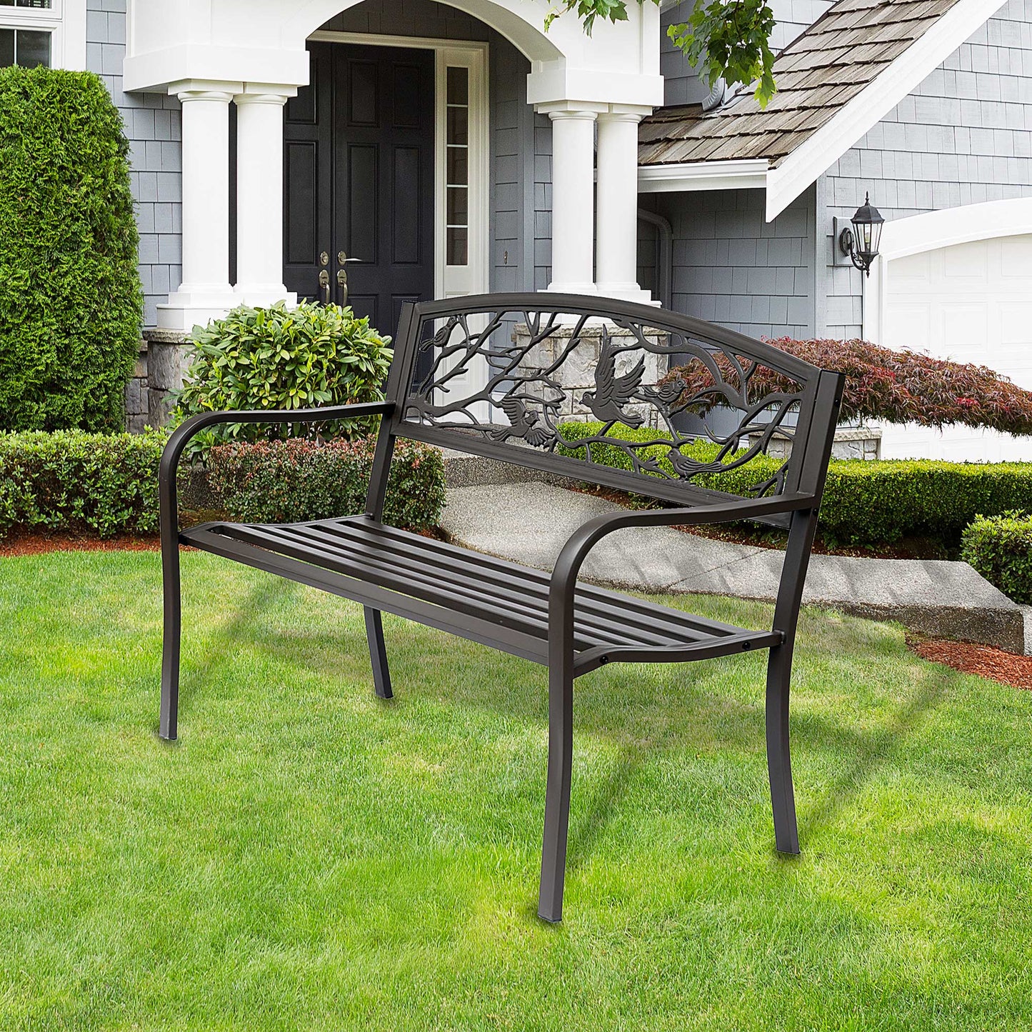 Brown Metal Garden Bench 50" Patio Seating with Backrest & Armrests