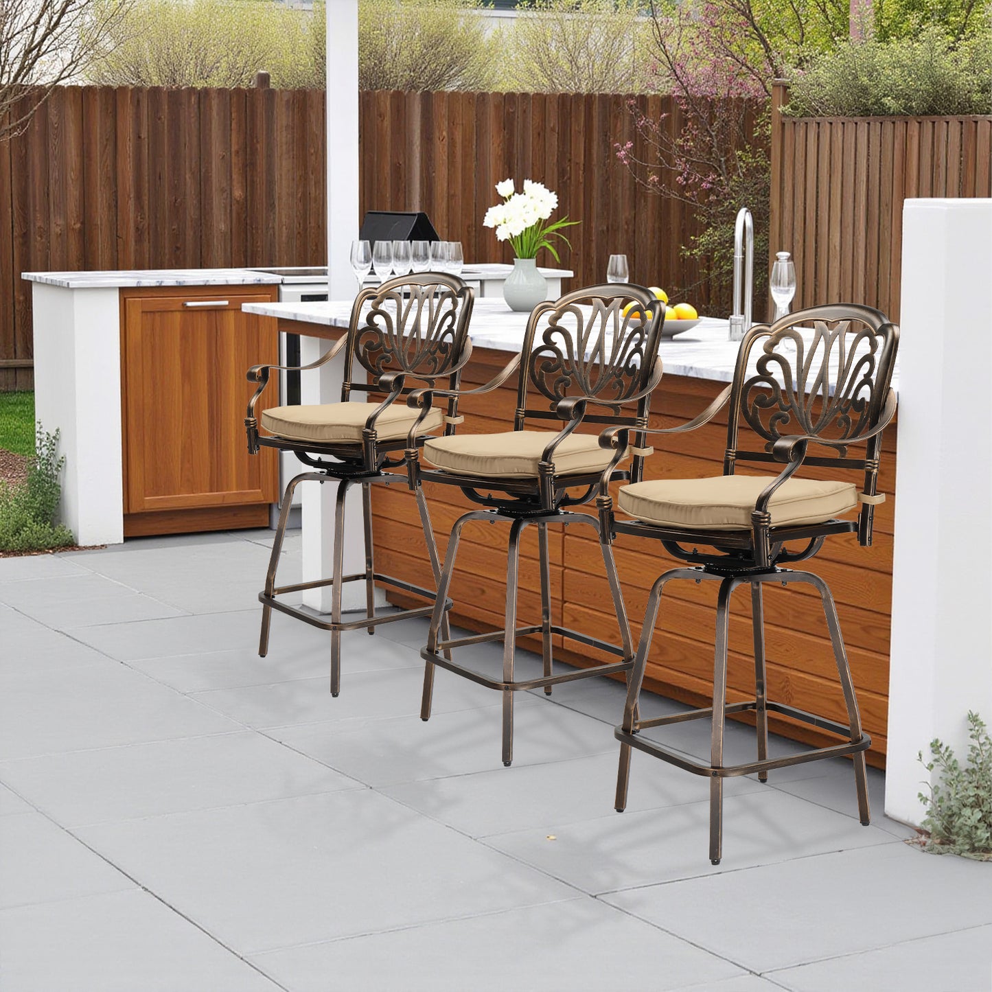 2pcs Bronze Color, Beige Cushion, Cast Aluminum Bar Stool