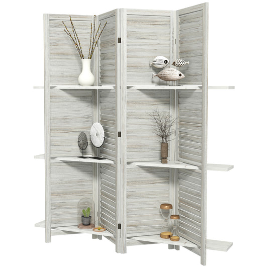 4 Panel 67" Tall Wood Privacy Screen/Room Divider With 3 Shelves and Folding Storage