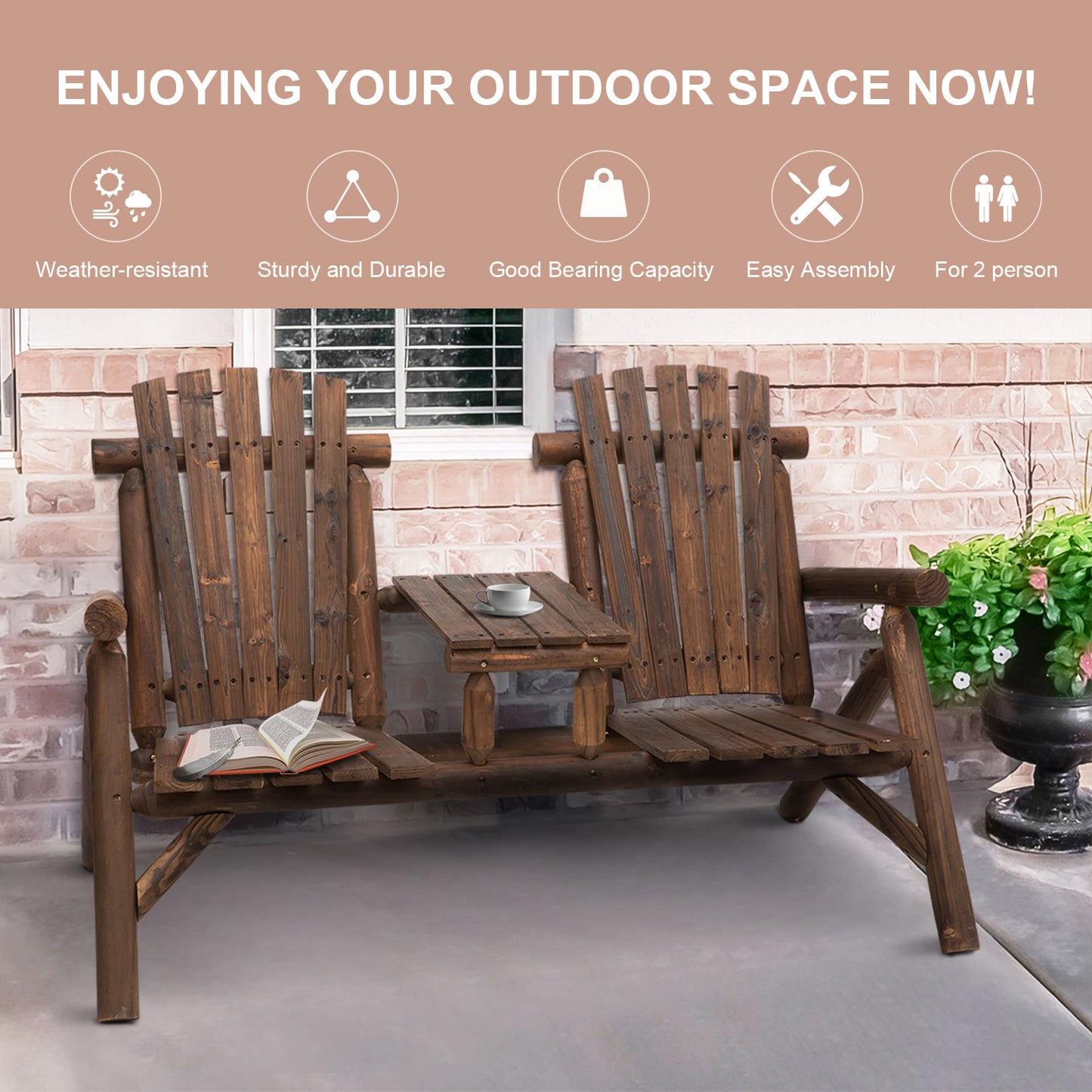 Wood Adirondack Patio Chair Bench with Center Coffee Table