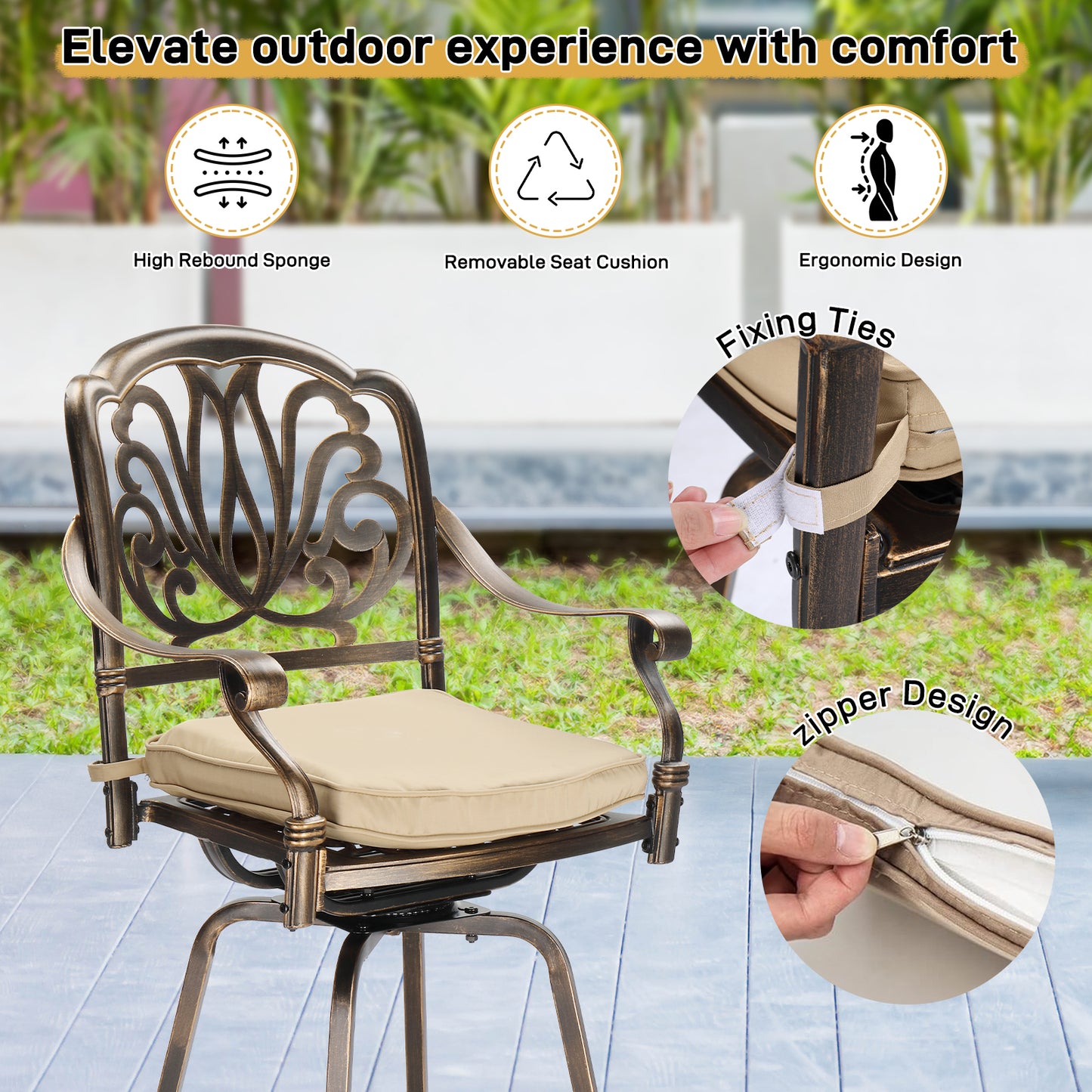 2pcs Bronze Color, Beige Cushion, Cast Aluminum Bar Stool