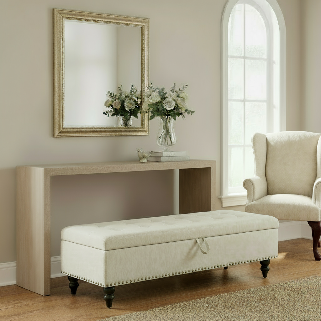 59" Bed Bench Ottoman with Storage Beige Fabric