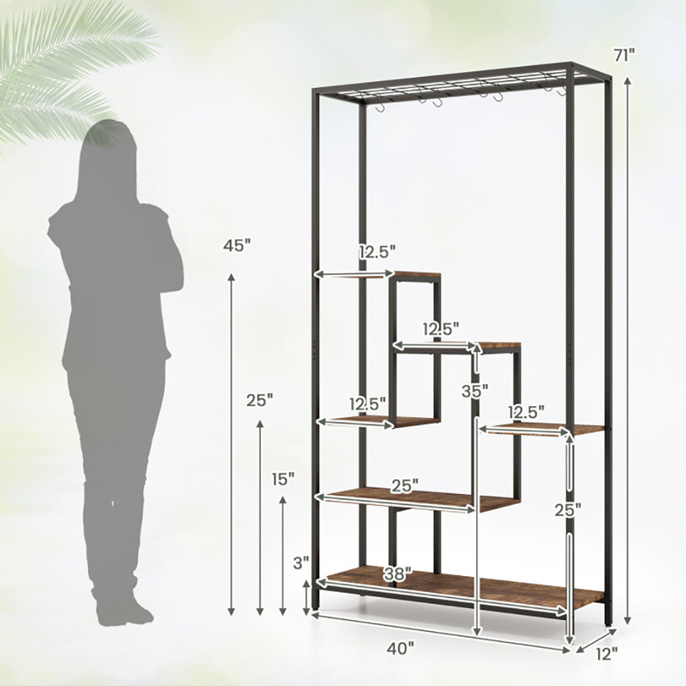 6-Tier Tall Plant Stand 71 Inch, Metal Indoor Plant Shelf With 10 Hanging Hooks