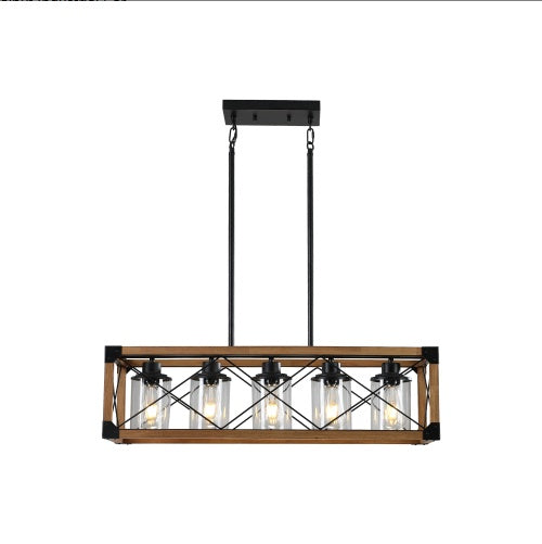 32 Inch Walnut Industrial Farmhouse Rectangle 5-Light Chandelier