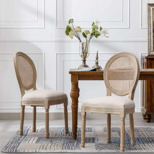 Set Of 2 French Style Solid Wood Antique Linen & Rattan Dining Chair, Cream