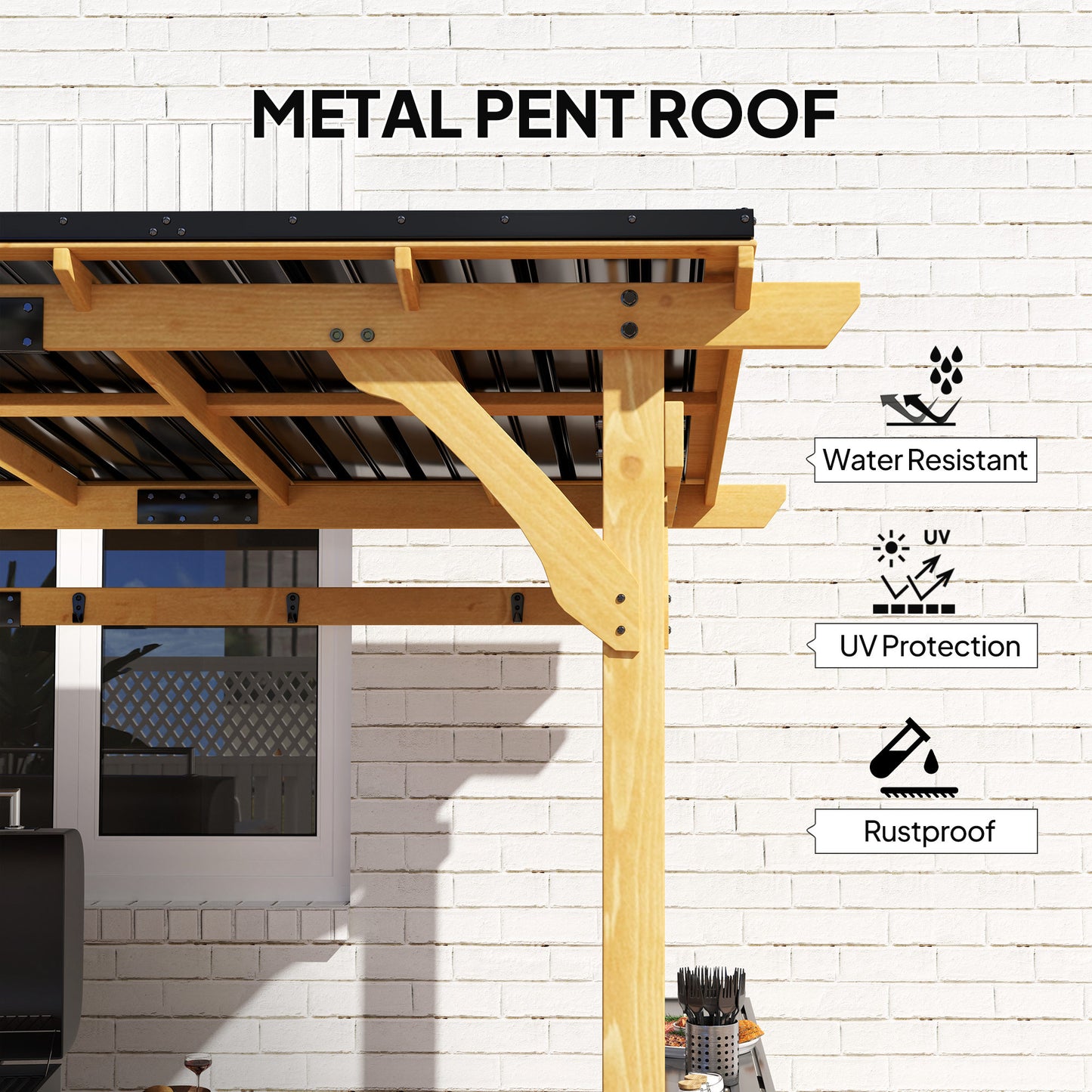 13' x 6' Wooden BBQ Grill Gazebo with Metal Roof, 2 Bar Shelves And 6 Hooks, Natural