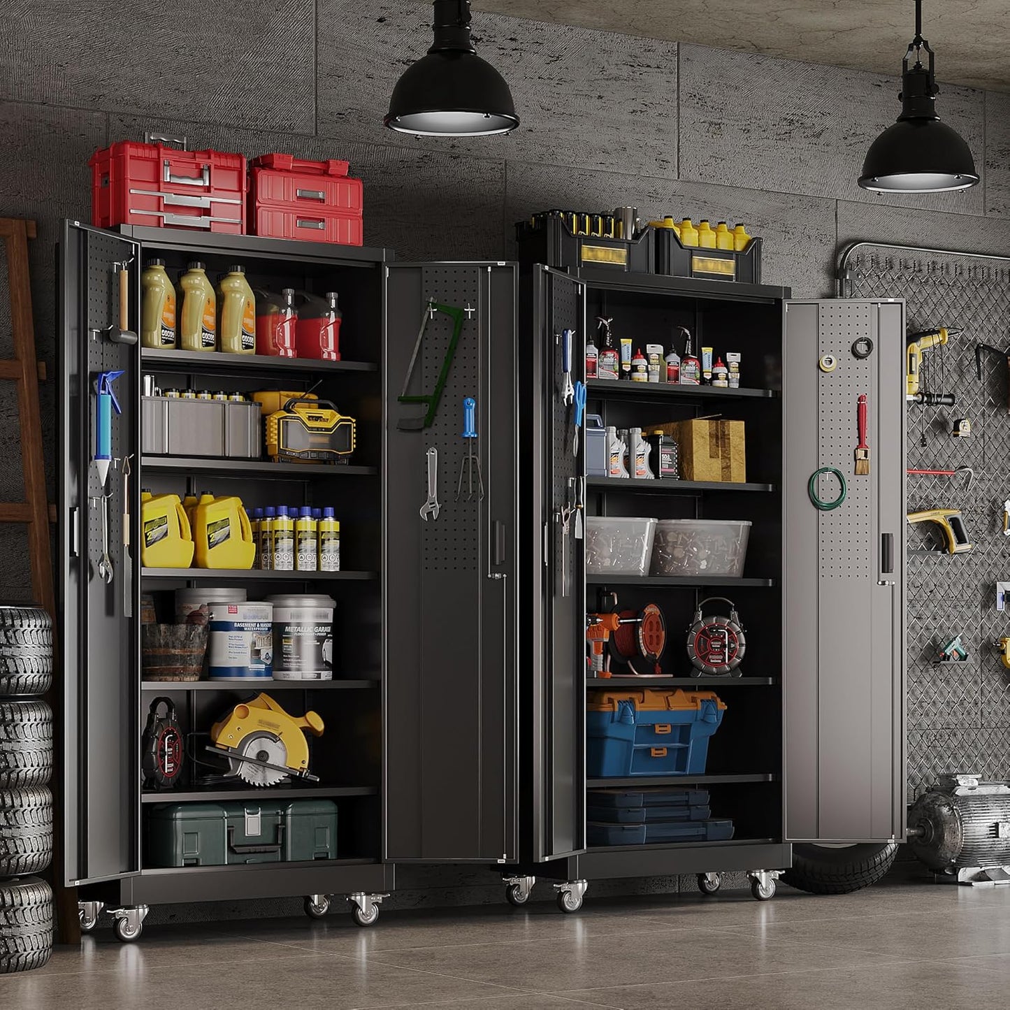 Garage Storage Cabinet with Pegboard And 5 Adjustable Shelves