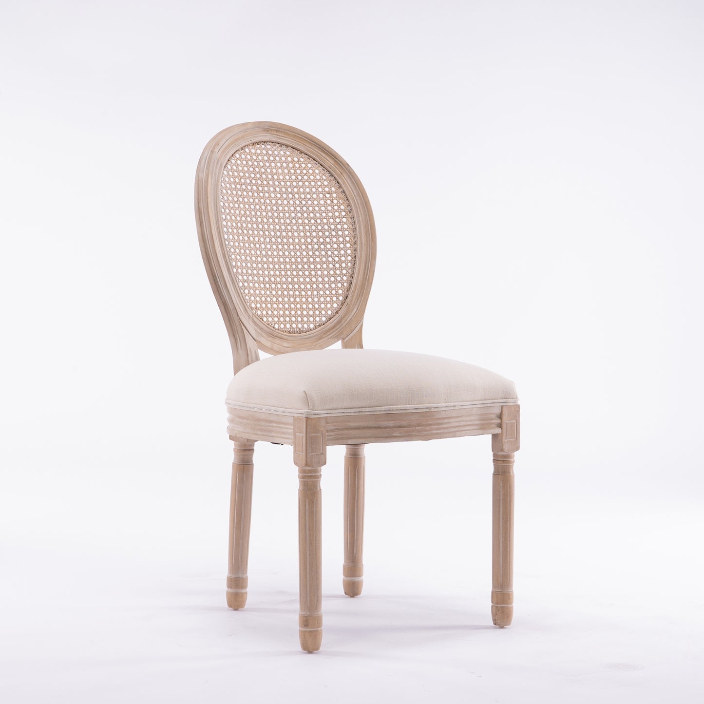 Set Of 2 French Style Solid Wood Antique Linen & Rattan Dining Chair, Cream