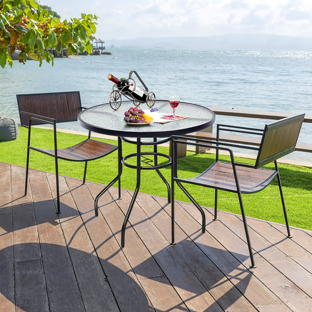 32" Patio Tempered Glass Steel Frame Round Table with Convenient Umbrella Hole