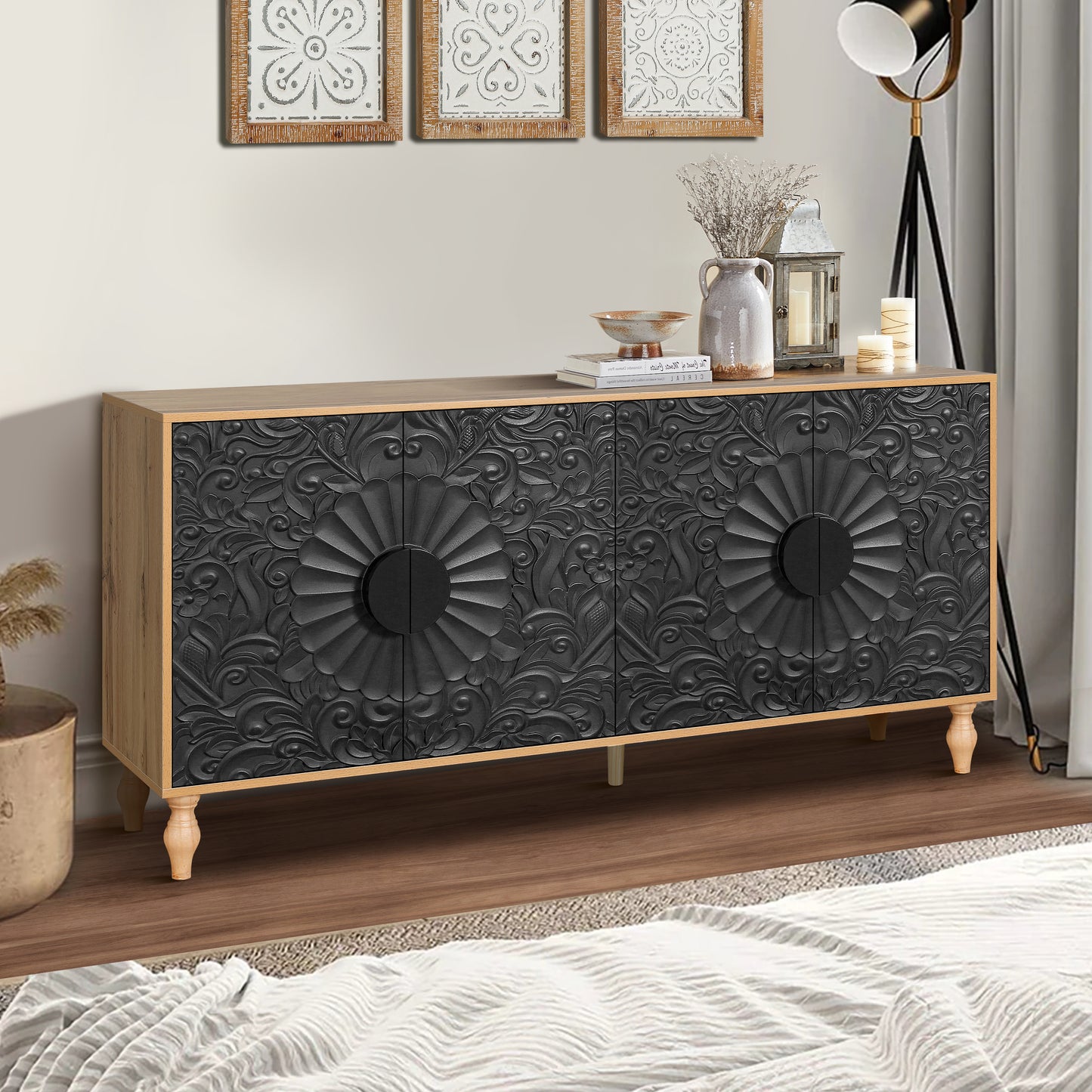 Black Carved Wood Cabinet