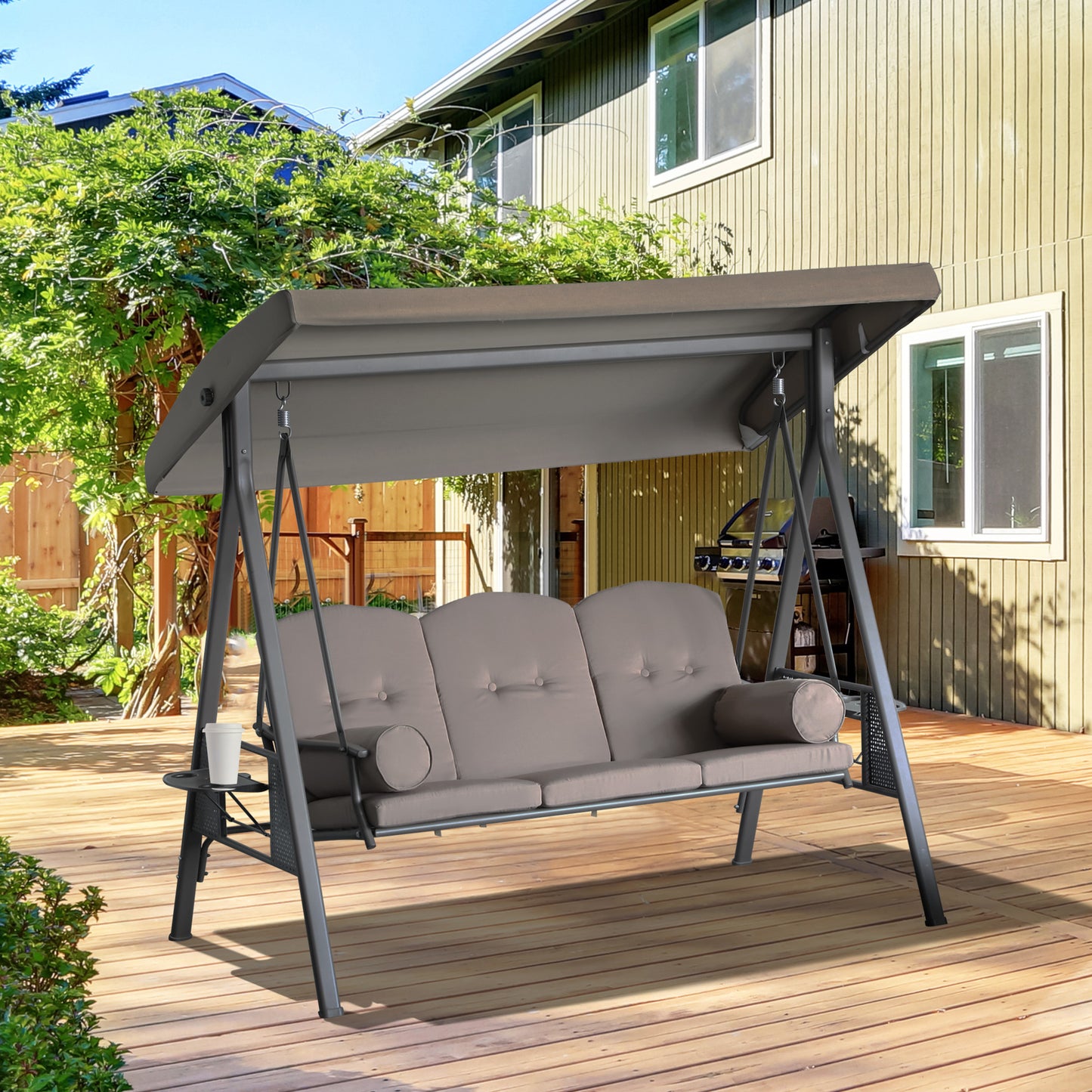 3-Person Patio Swing Bench Canopy, Cushioned with Side Trays