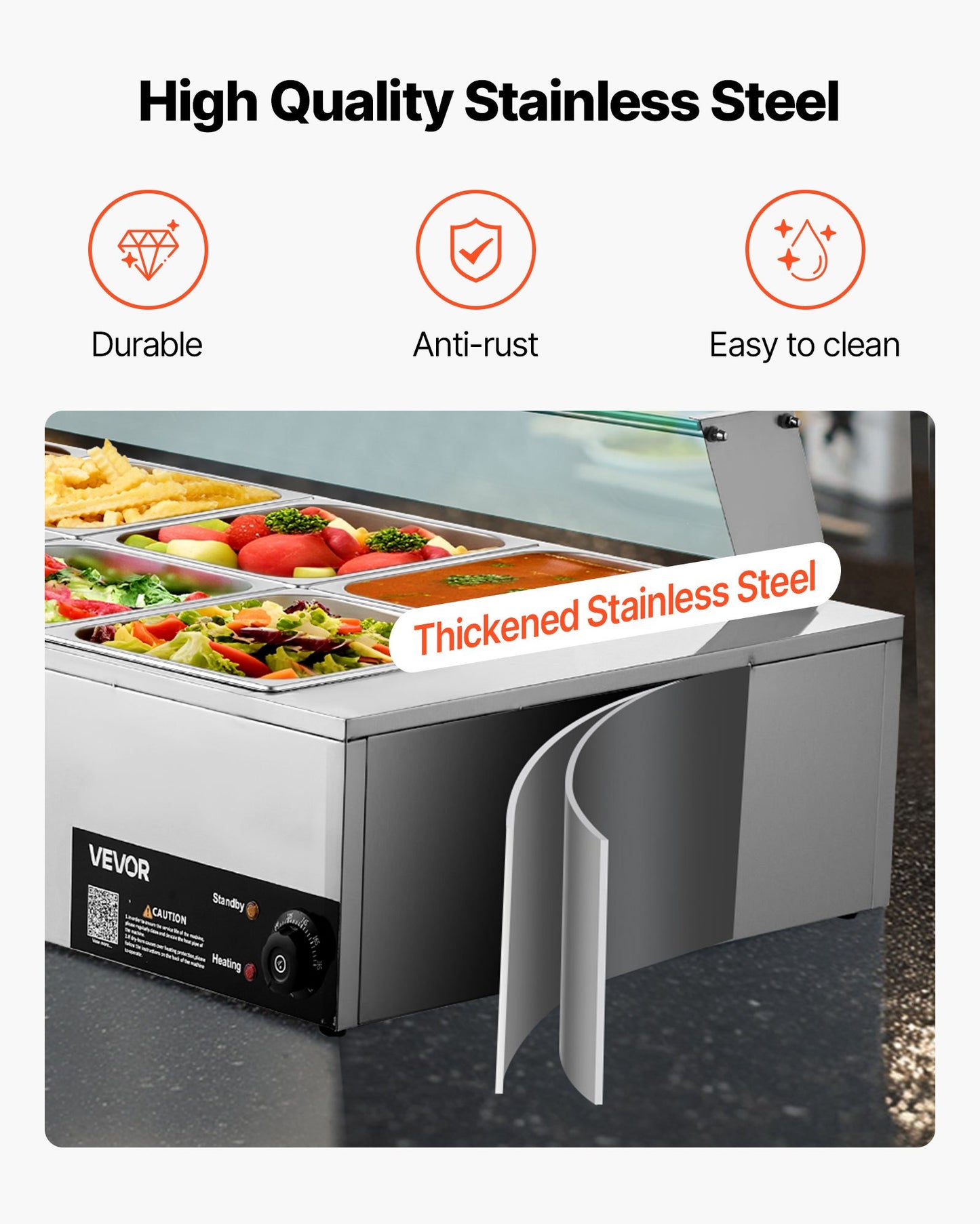 1700W Electric Stainless Steel Steam Food Warmer with Glass Cover