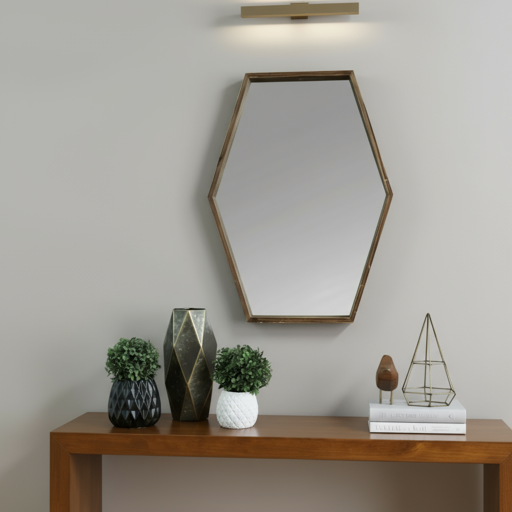 Dark Wood Hexagonal Frame Wall Mirror