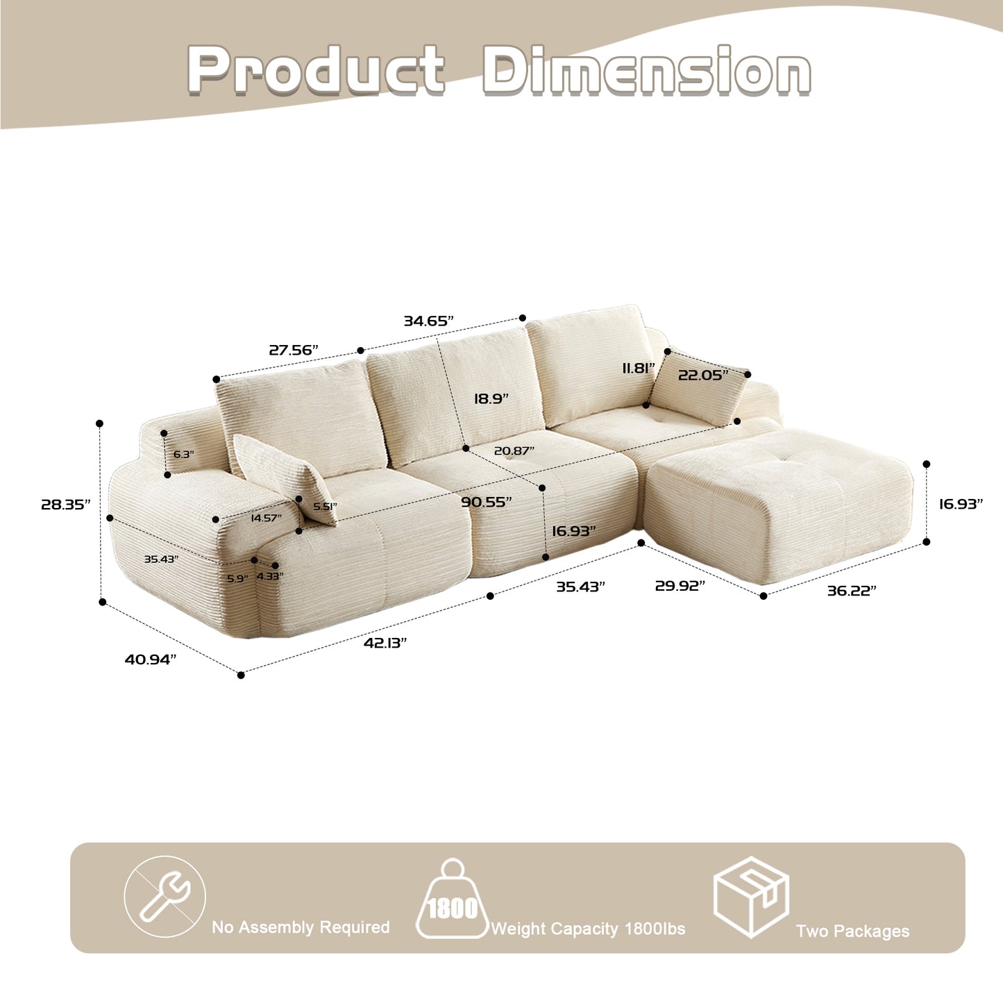 Modern Memory Foam Compressed Sofa, Large Sectional