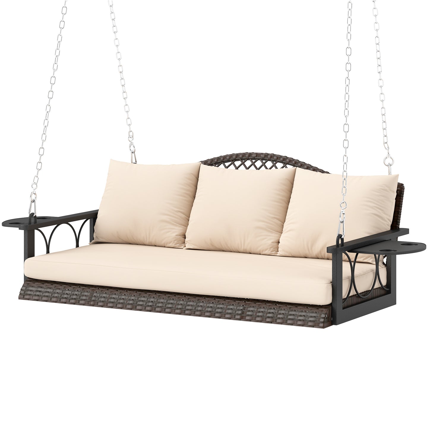 3 Person Wicker Porch Swing Bench with Cup Holders