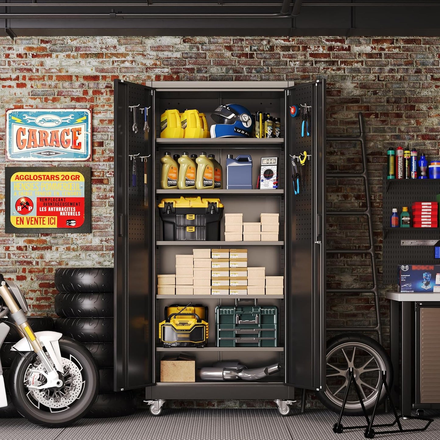 Garage Storage Cabinet with Pegboard And 5 Adjustable Shelves