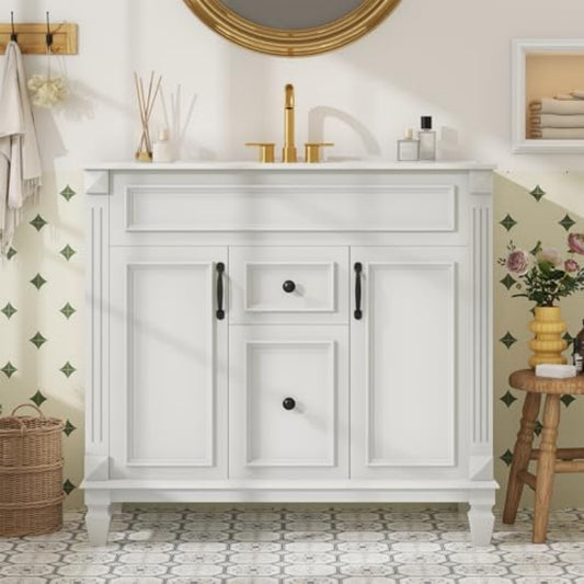 The Bathroom Dressing Table Is Equipped With A Sink, And The Bathroom Storage Dressing Table Has A Door And Drawers