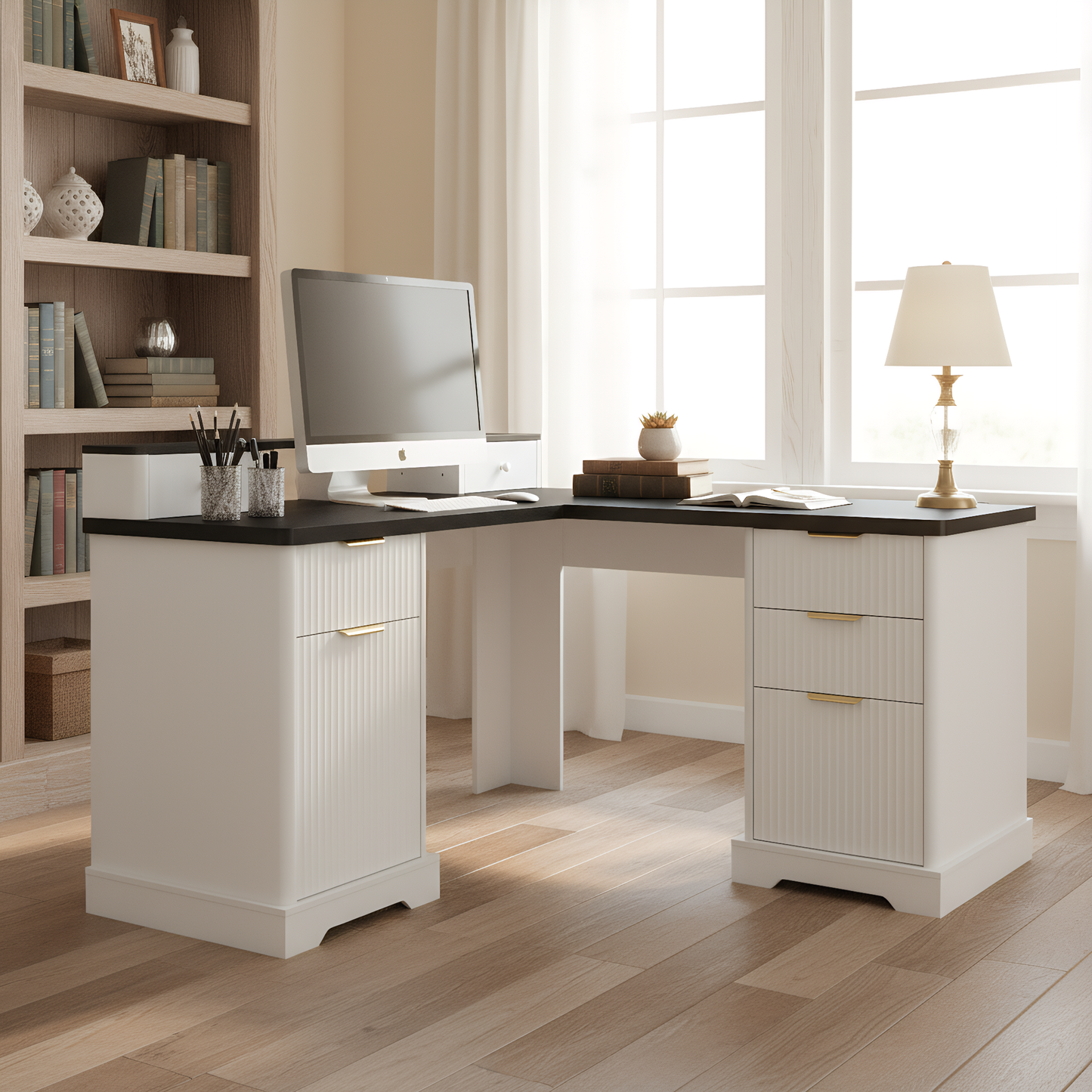 59" Modern Fluted L-Shaped Desk with Charging Station