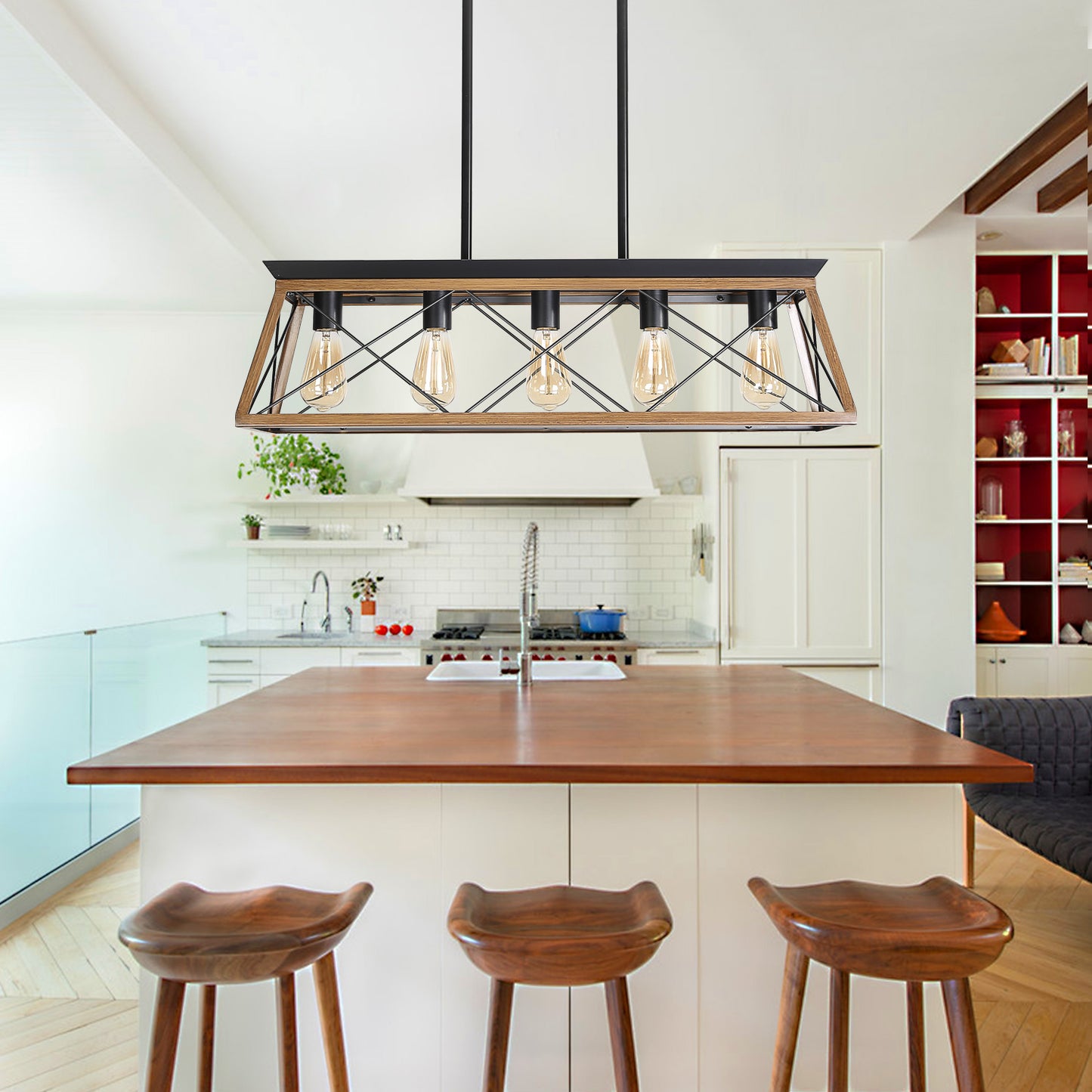Farmhouse Chandeliers With 5 Bulbs, Walnut