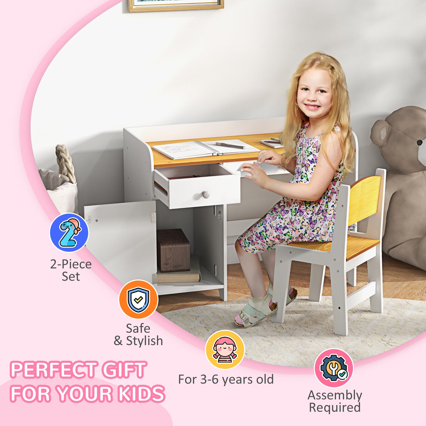 Kids Desk and Chair Set with Storage, White