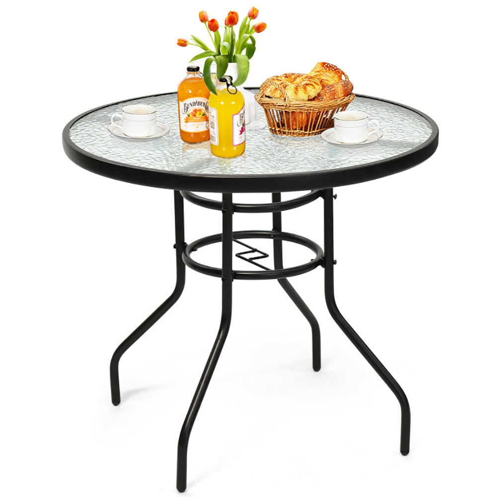 32" Patio Tempered Glass Steel Frame Round Table with Convenient Umbrella Hole