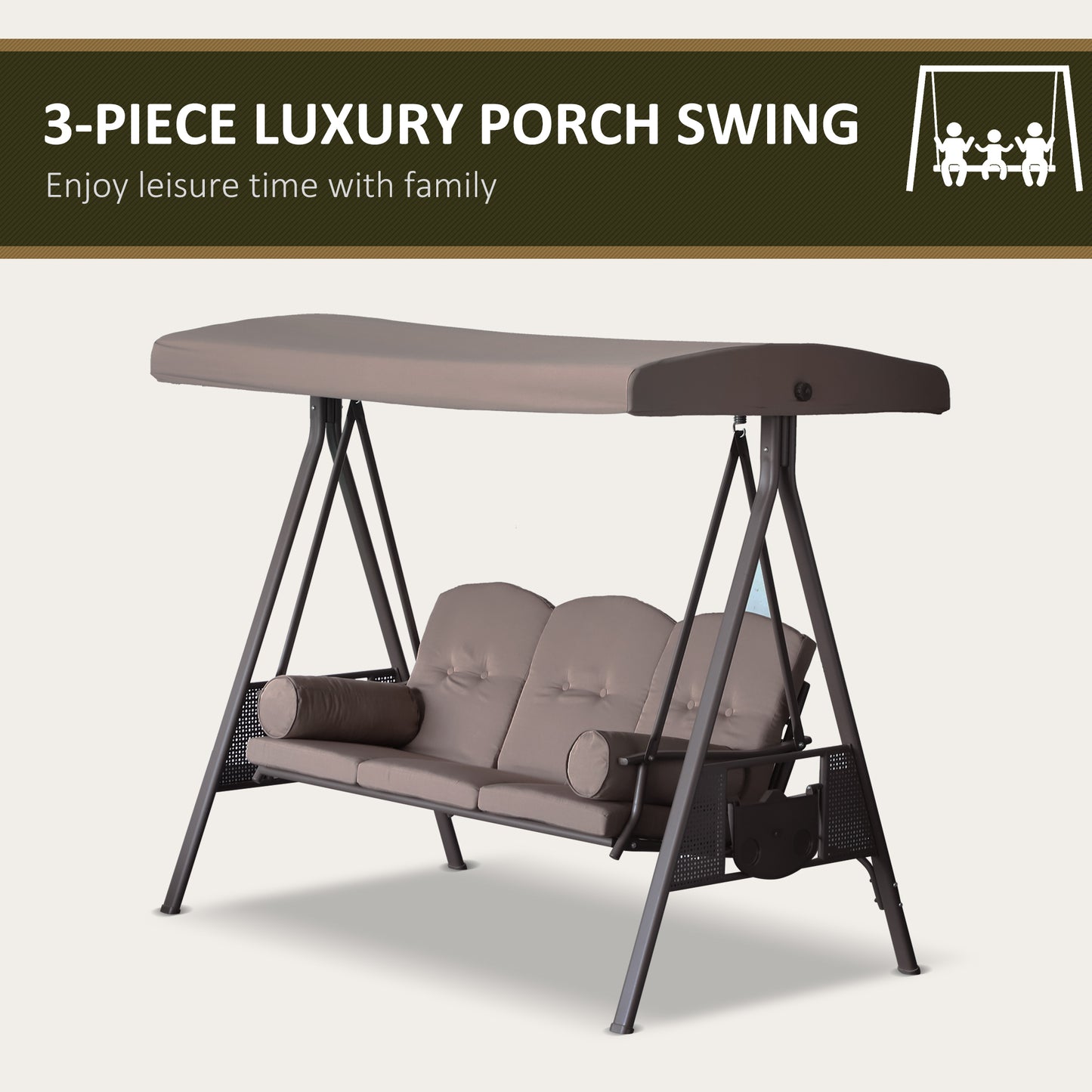 3-Person Patio Swing Bench Canopy, Cushioned with Side Trays