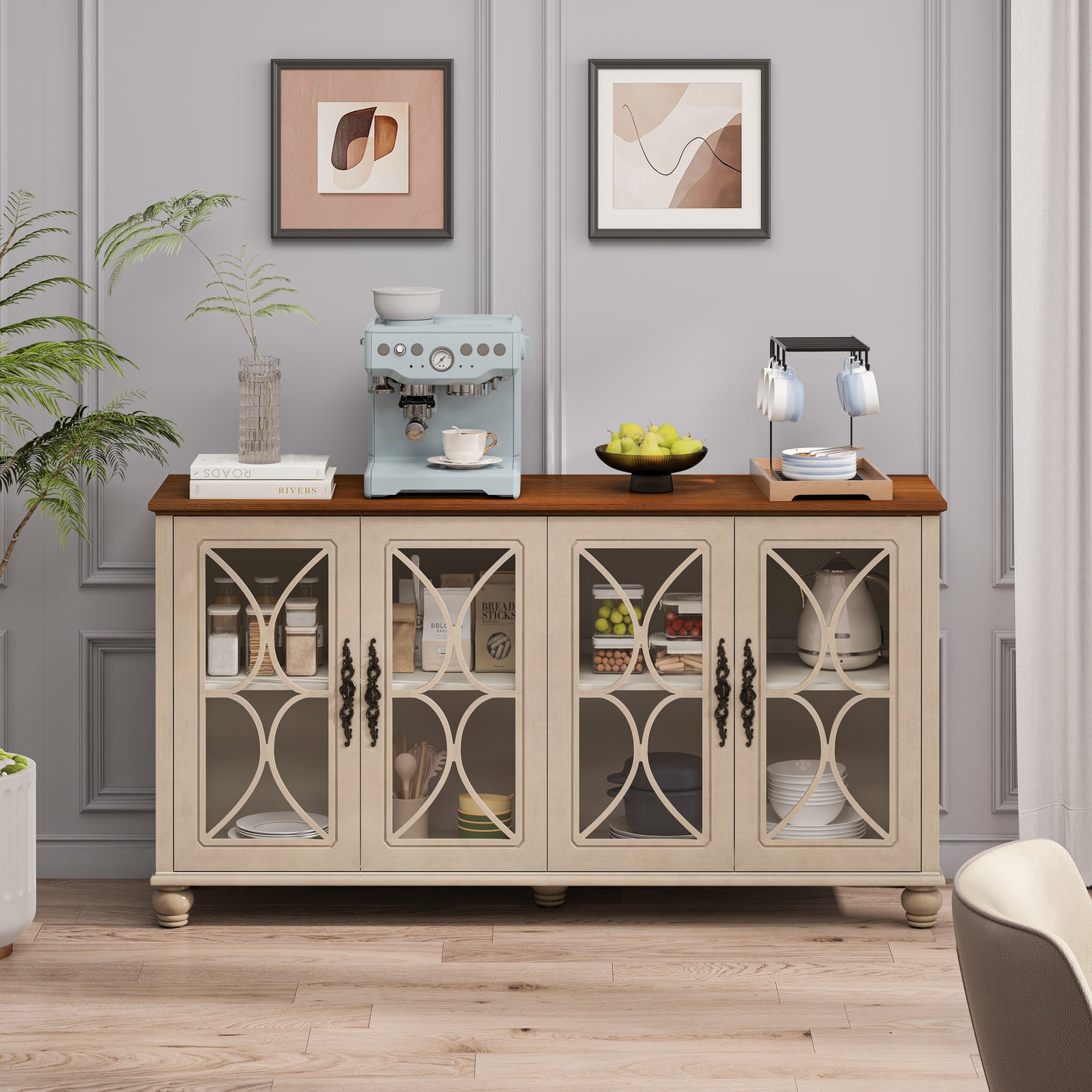 Elegant European Antique Style 4-Door Cabinet With Tempered Glass Doors,for Dining Room,Living Room,Hallway,Easy Assembly,Beige
