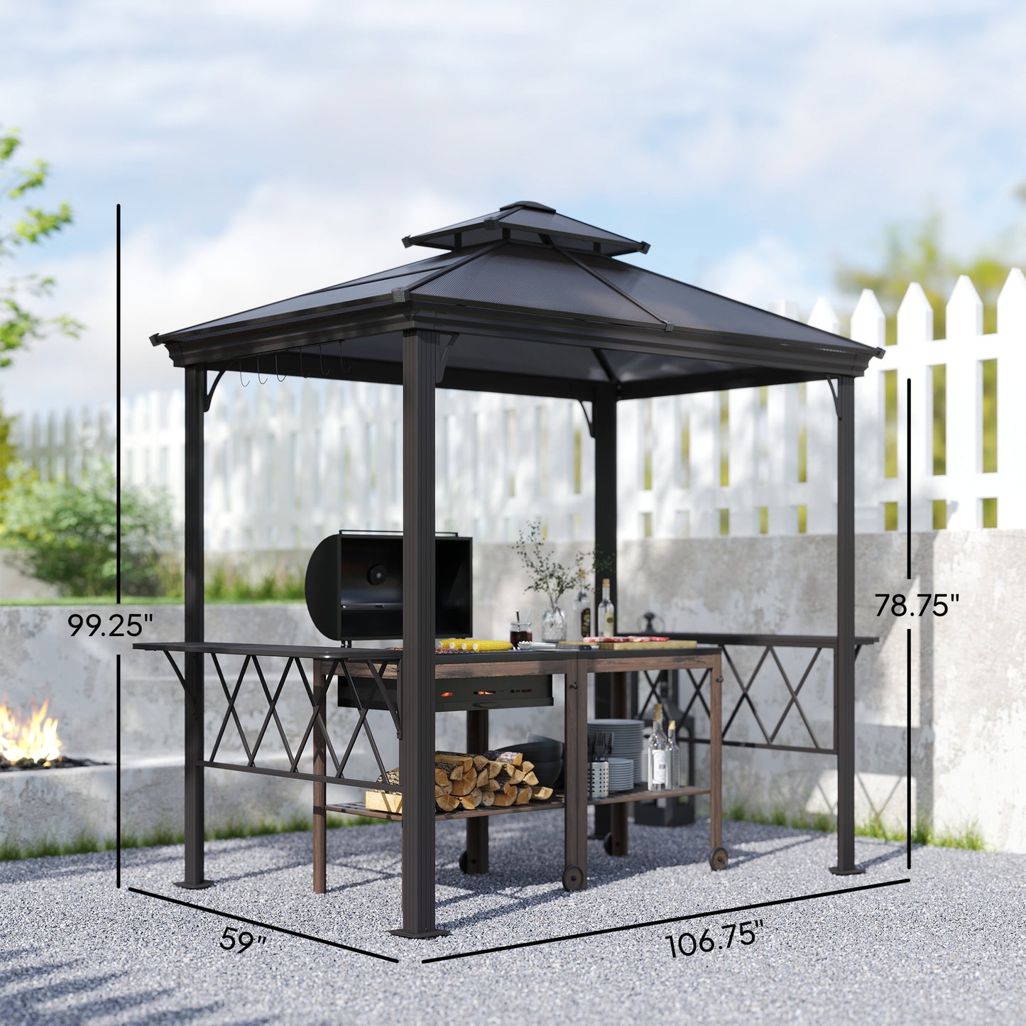 BBQ Cooking Canopy With 6 Hooks for Utensils and Double Venting Roof, Coffee