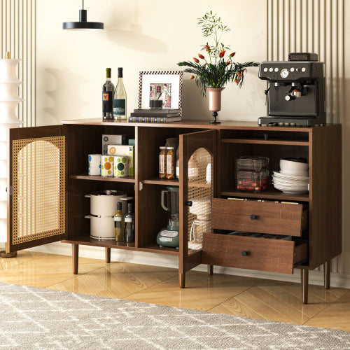 Country-Style Sideboard With Rattan Doors  130 X 75.5 X 40 Cm  Magnetic Closure, Adjustable Shelves, Sturdy Structure  Elegant And Versatile Design
