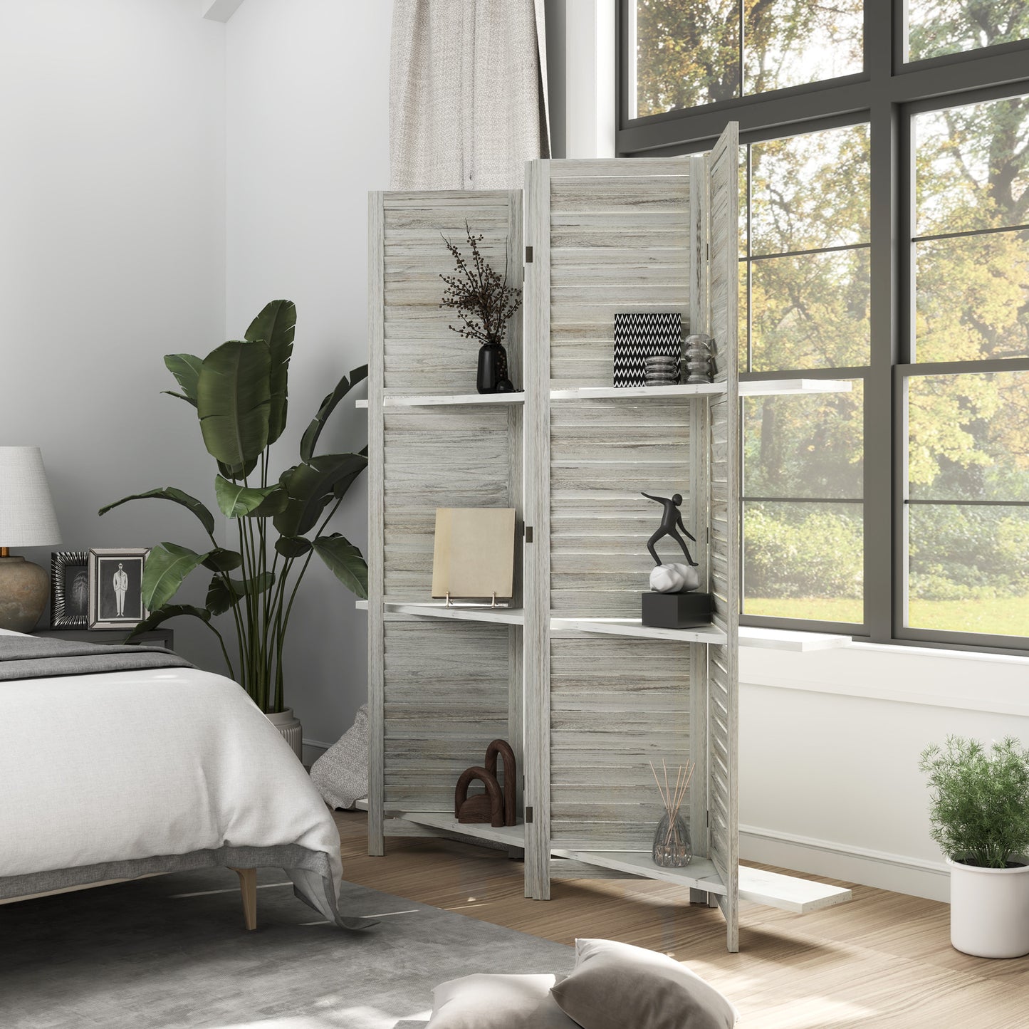 4 Panel 67" Tall Wood Privacy Screen/Room Divider With 3 Shelves and Folding Storage