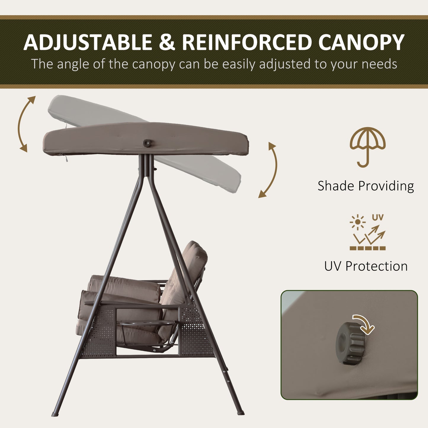 3-Person Patio Swing Bench Canopy, Cushioned with Side Trays