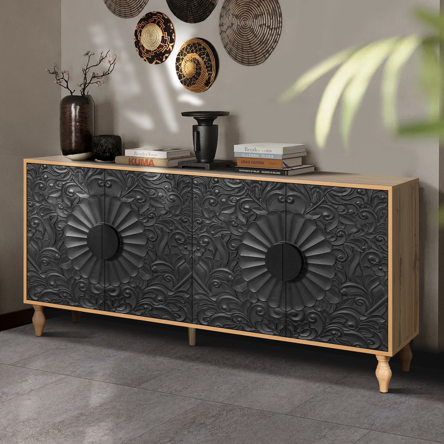 Black Carved Wood Cabinet
