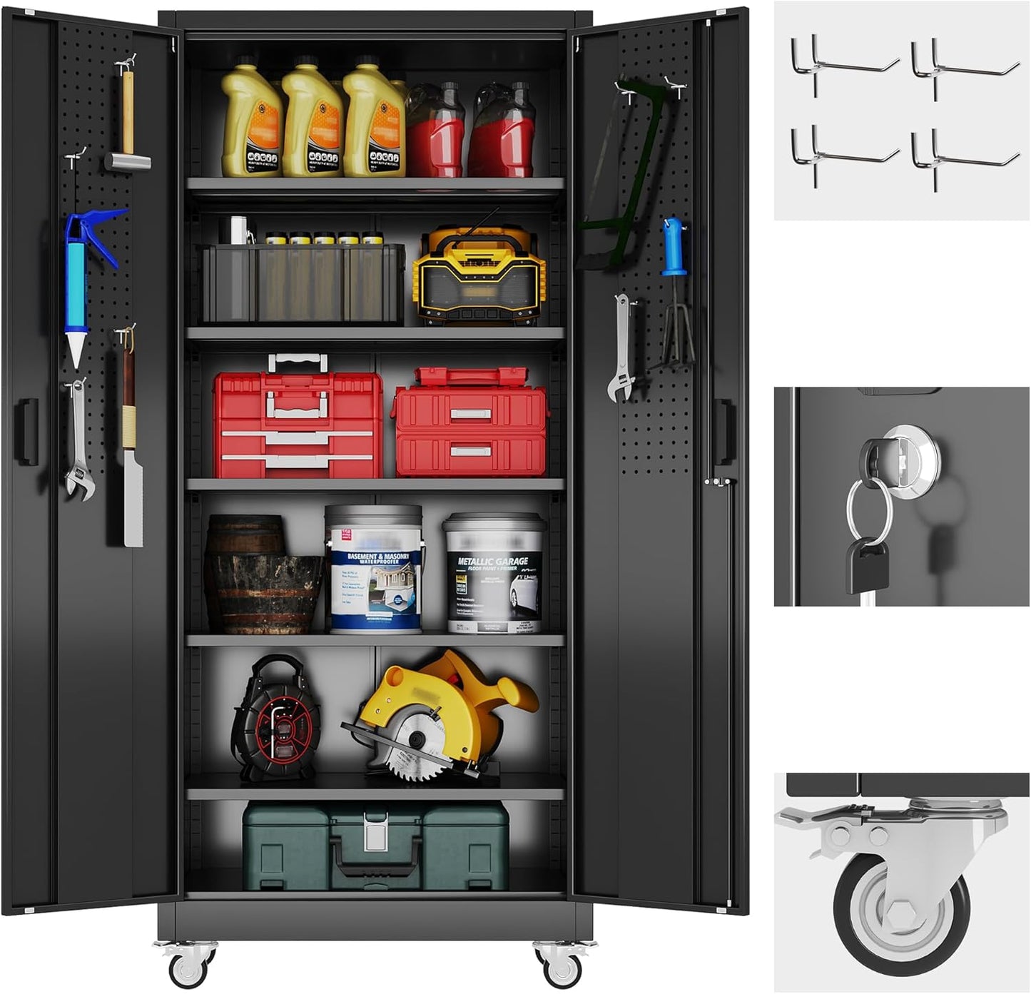 Garage Storage Cabinet with Pegboard And 5 Adjustable Shelves